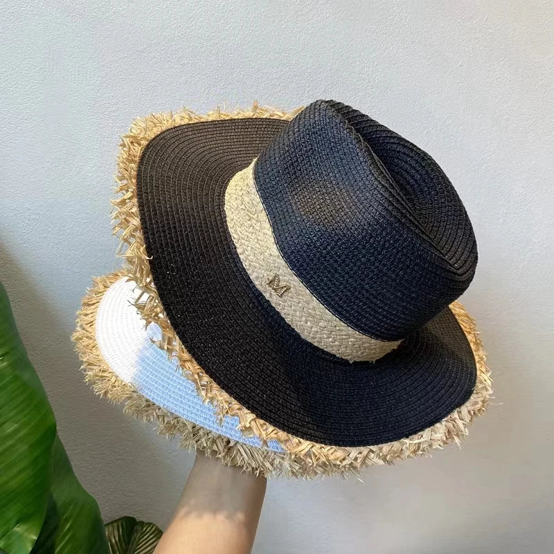 Summer Jazz Hat Men's Women's Sun Hat British Style Ladies Raffia Stitching Raw Edge Beach Holiday Sunshade Hat Panama Hat