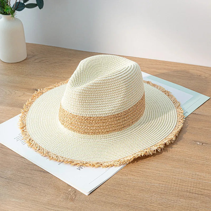 Summer Jazz Hat Men's Women's Sun Hat British Style Ladies Raffia Stitching Raw Edge Beach Holiday Sunshade Hat Panama Hat