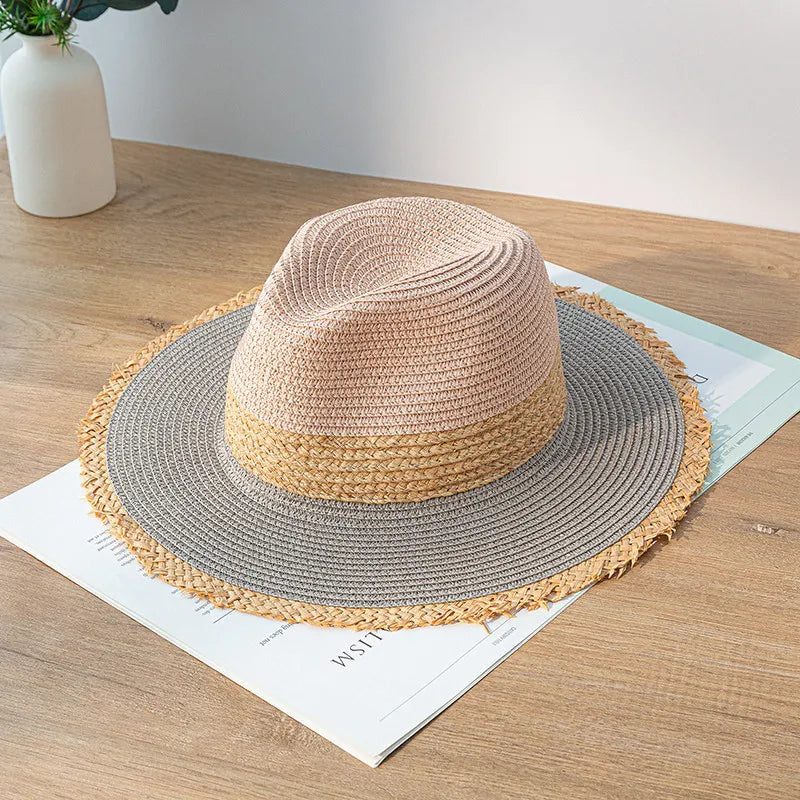 Summer Jazz Hat Men's Women's Sun Hat British Style Ladies Raffia Stitching Raw Edge Beach Holiday Sunshade Hat Panama Hat