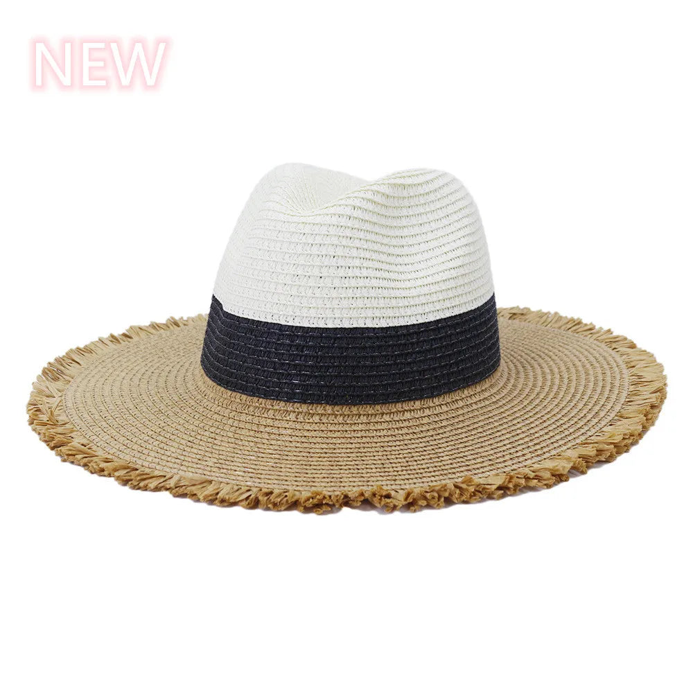 Summer Jazz Hat Men's Women's Sun Hat British Style Ladies Raffia Stitching Raw Edge Beach Holiday Sunshade Hat Panama Hat