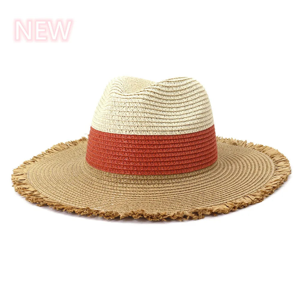 Summer Jazz Hat Men's Women's Sun Hat British Style Ladies Raffia Stitching Raw Edge Beach Holiday Sunshade Hat Panama Hat