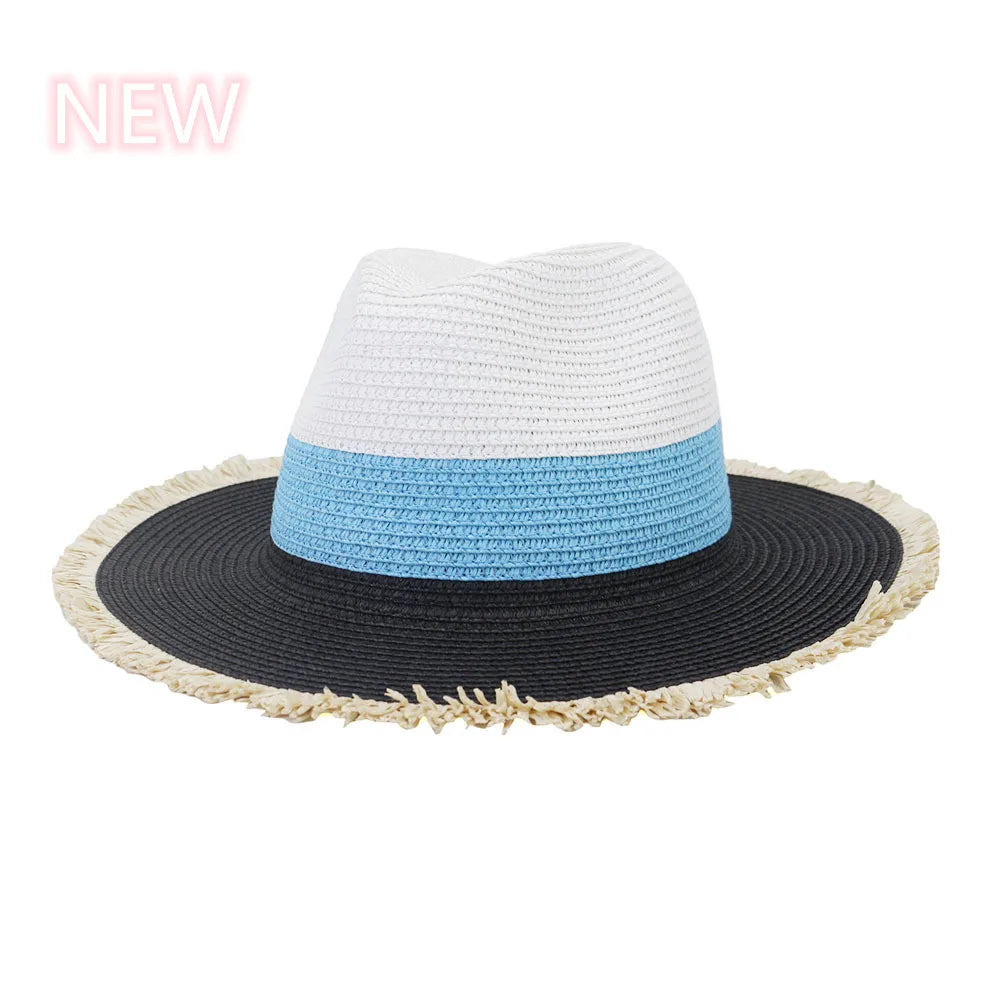 Summer Jazz Hat Men's Women's Sun Hat British Style Ladies Raffia Stitching Raw Edge Beach Holiday Sunshade Hat Panama Hat