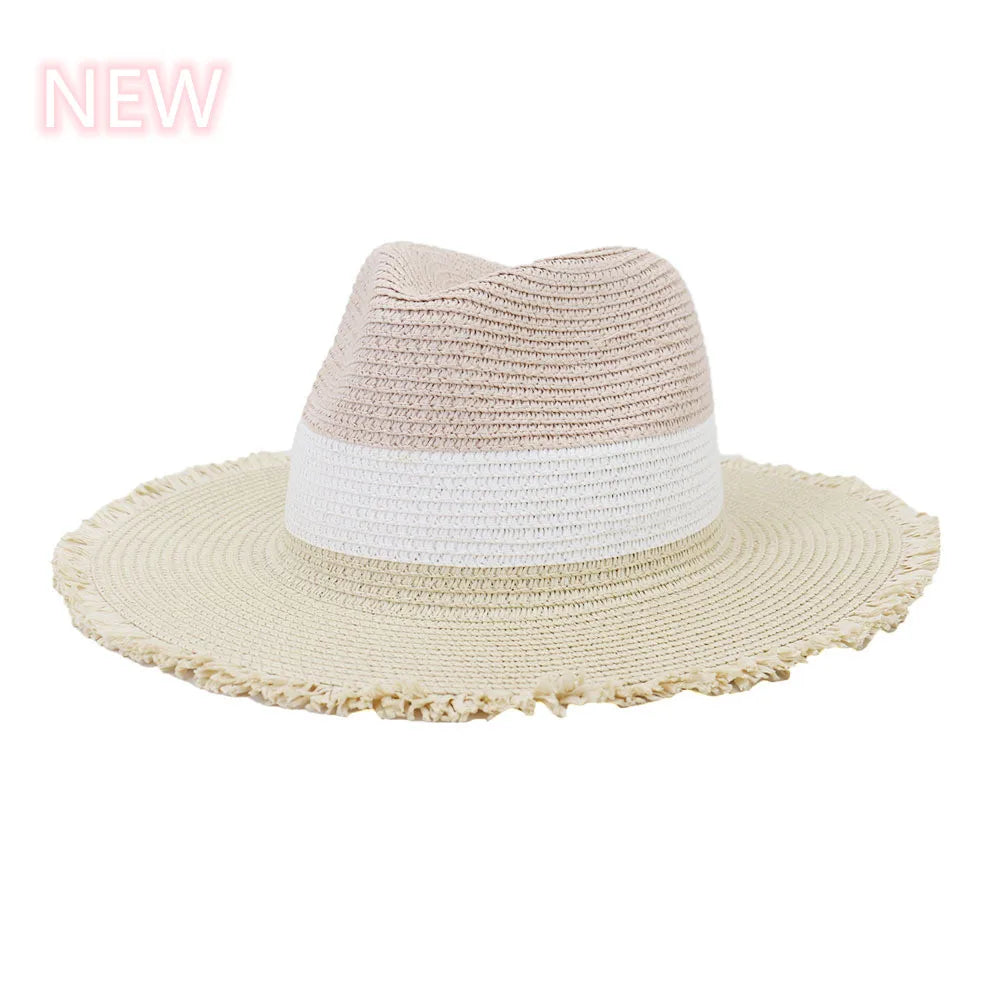 Summer Jazz Hat Men's Women's Sun Hat British Style Ladies Raffia Stitching Raw Edge Beach Holiday Sunshade Hat Panama Hat