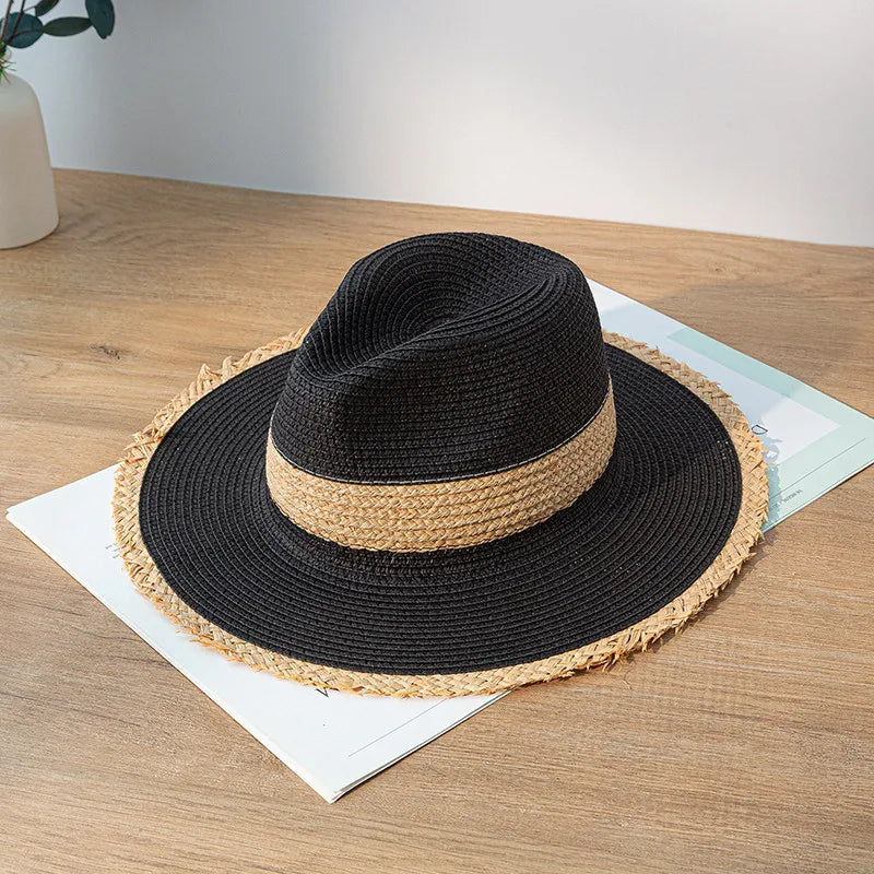 Summer Jazz Hat Men's Women's Sun Hat British Style Ladies Raffia Stitching Raw Edge Beach Holiday Sunshade Hat Panama Hat