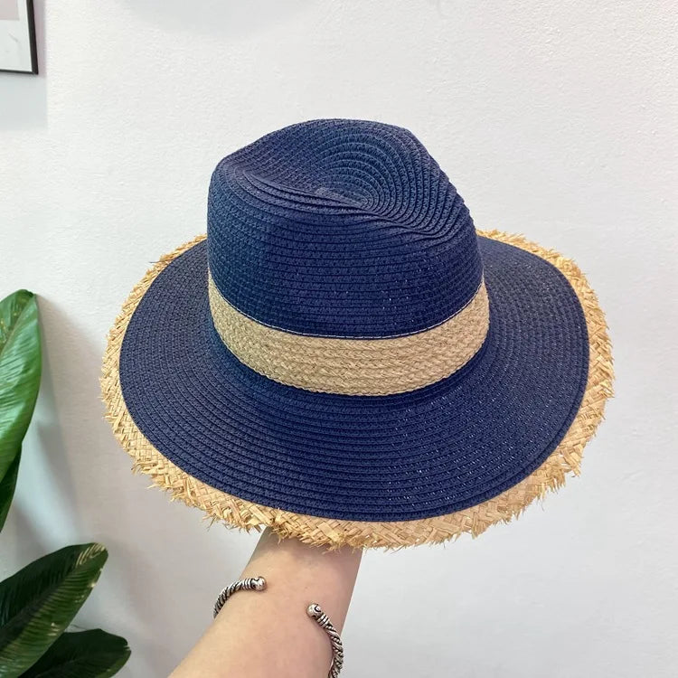 Summer Jazz Hat Men's Women's Sun Hat British Style Ladies Raffia Stitching Raw Edge Beach Holiday Sunshade Hat Panama Hat