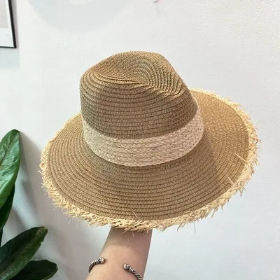 Summer Jazz Hat Men's Women's Sun Hat British Style Ladies Raffia Stitching Raw Edge Beach Holiday Sunshade Hat Panama Hat