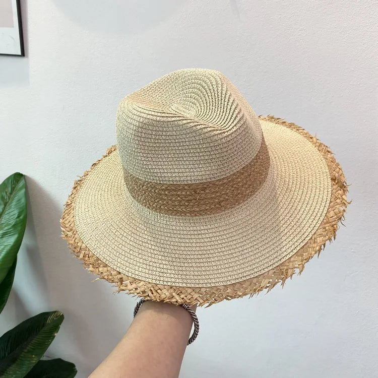 Summer Jazz Hat Men's Women's Sun Hat British Style Ladies Raffia Stitching Raw Edge Beach Holiday Sunshade Hat Panama Hat