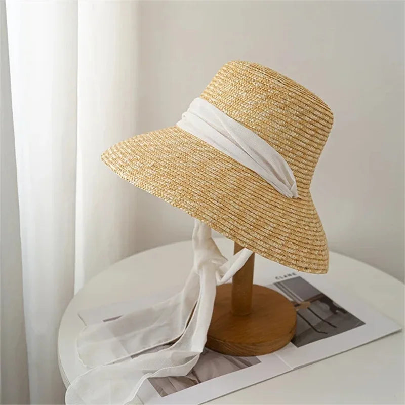 Summer straw hat pearl pin women's summer seaside sunshade hollow groove flat top straw hat  sombrero