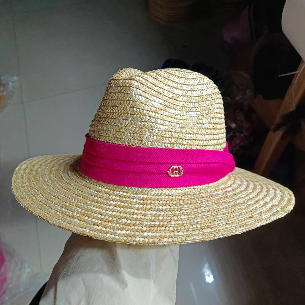 Summer straw hat pearl pin women's summer seaside sunshade hollow groove flat top straw hat  sombrero