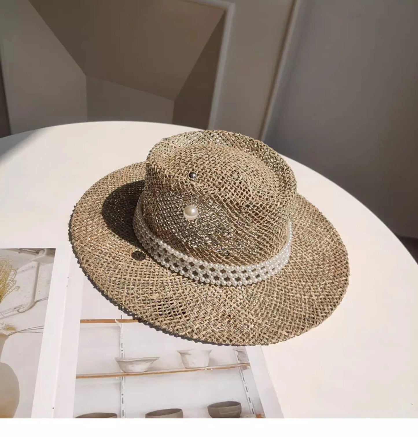 Summer straw hat pearl pin women's summer seaside sunshade hollow groove flat top straw hat  sombrero