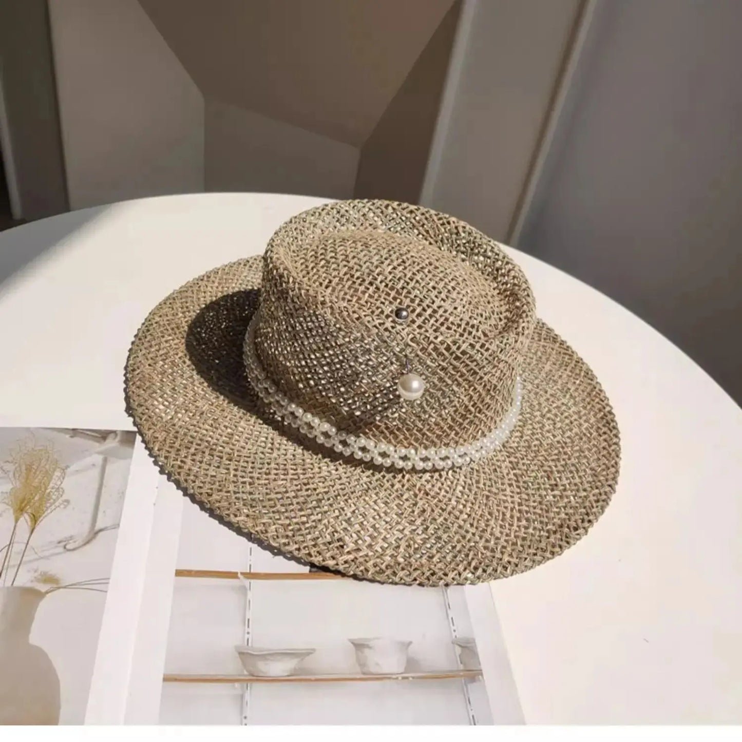 Summer straw hat pearl pin women's summer seaside sunshade hollow groove flat top straw hat  sombrero