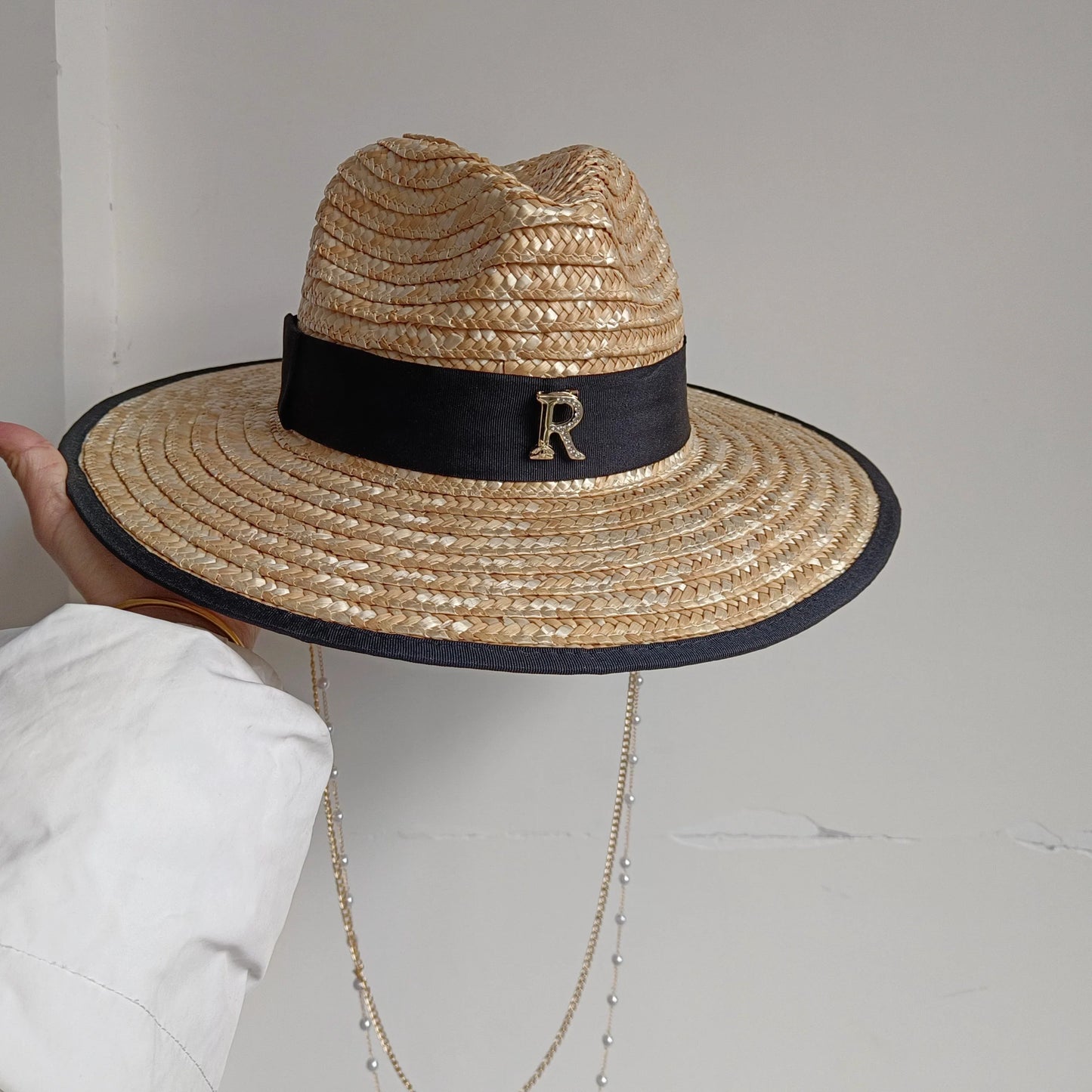 Summer straw hat pearl pin women's summer seaside sunshade hollow groove flat top straw hat  sombrero