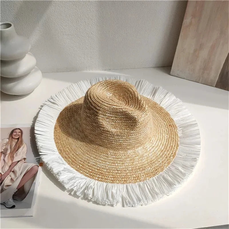 Summer straw hat pearl pin women's summer seaside sunshade hollow groove flat top straw hat  sombrero