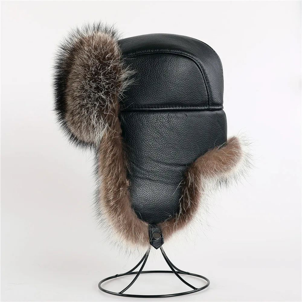 Winter Men's 100% Real American Raccoon Fur Bomber Hat Ushanka Cap Trapper Russian Man Ski Hats Caps Real Leather