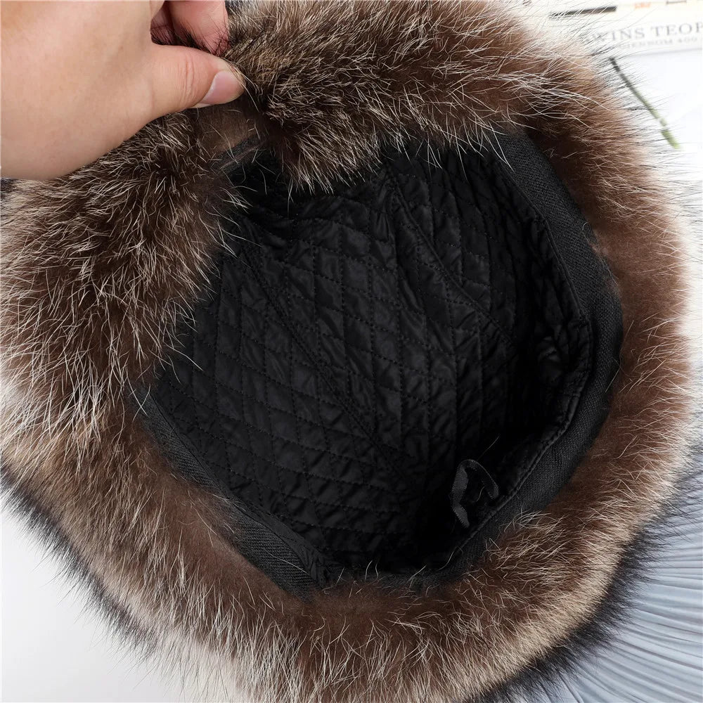 Winter Men's 100% Real American Raccoon Fur Bomber Hat Ushanka Cap Trapper Russian Man Ski Hats Caps Real Leather