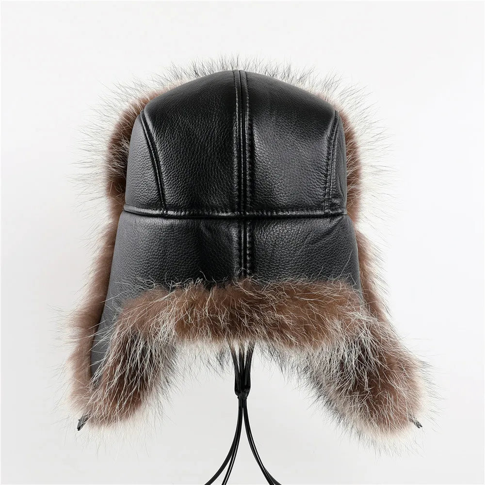 Winter Men's 100% Real American Raccoon Fur Bomber Hat Ushanka Cap Trapper Russian Man Ski Hats Caps Real Leather