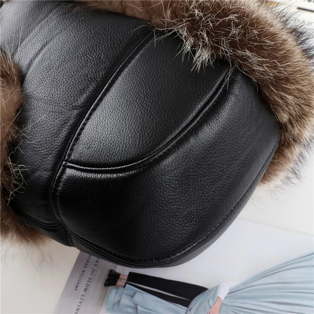 Winter Men's 100% Real American Raccoon Fur Bomber Hat Ushanka Cap Trapper Russian Man Ski Hats Caps Real Leather