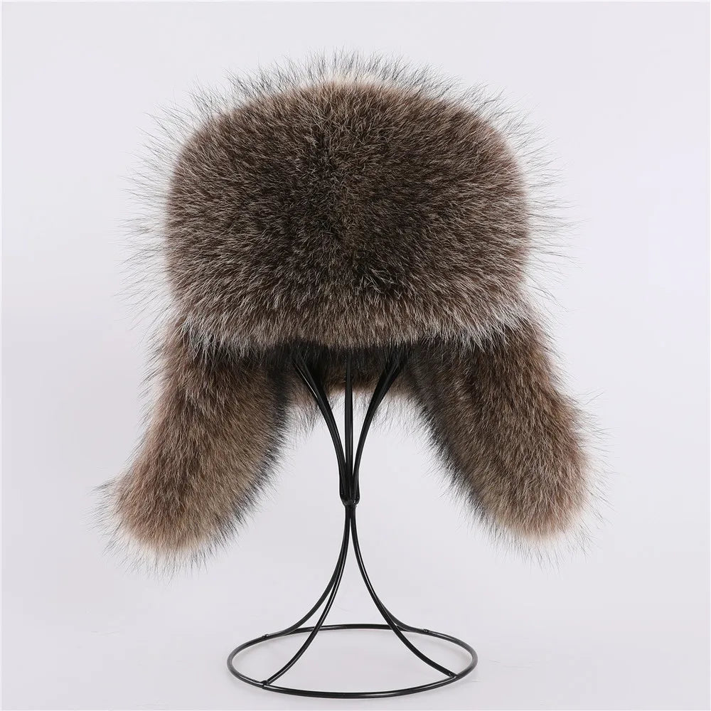 Winter Men's 100% Real American Raccoon Fur Bomber Hat Ushanka Cap Trapper Russian Man Ski Hats Caps Real Leather