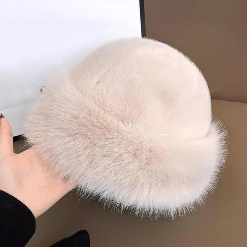 Winter Thick Warm Furry Beanies Hat Women Fashion Imitation Mink Fur Russian Cap Solid Color Plush Brimless Cap Brimless Ski Hat