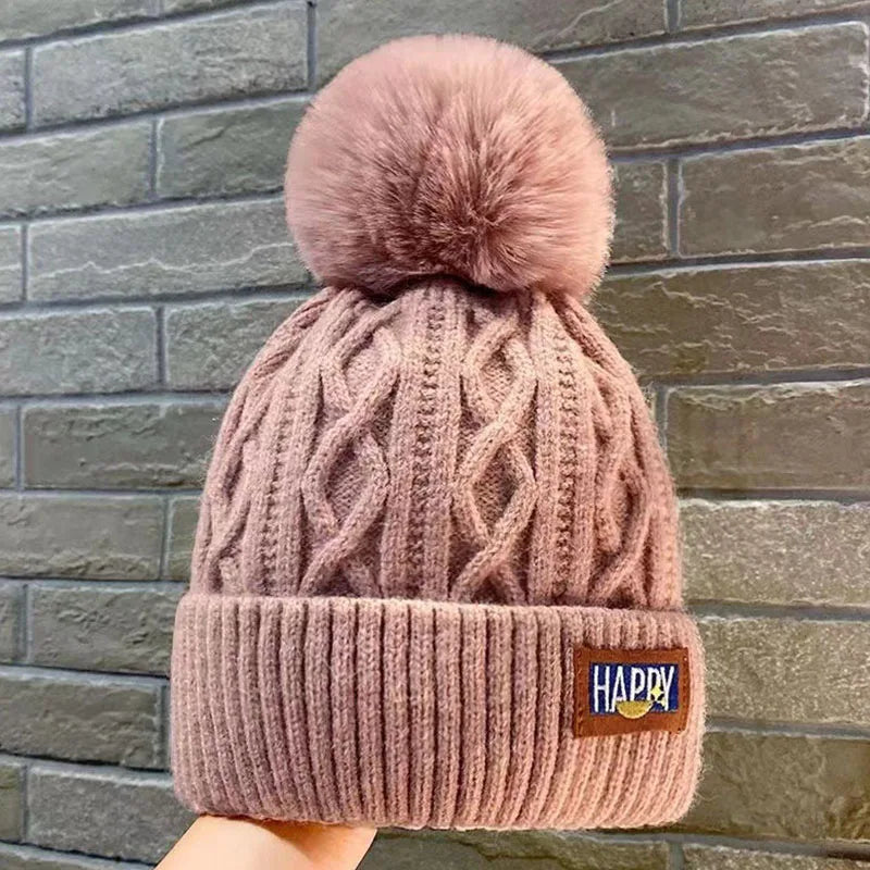 Winter Warm Fashion Beanies Knitted Hats For Women Girls Faux Fur Ball Wool Skullies Caps Embroidery Cold-Proof Fleece Lined Hat