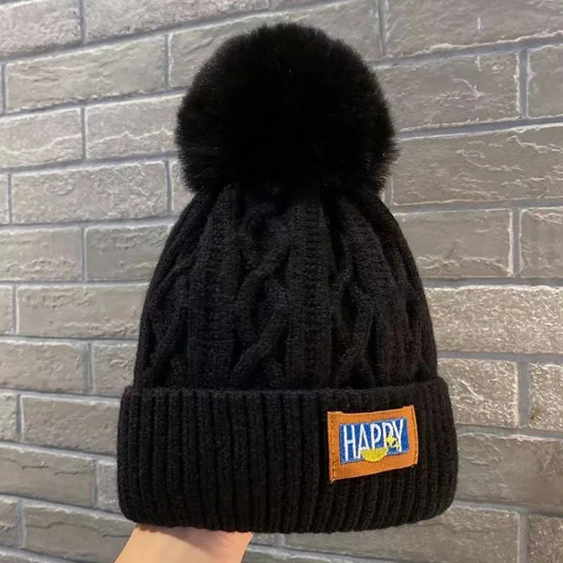 Winter Warm Fashion Beanies Knitted Hats For Women Girls Faux Fur Ball Wool Skullies Caps Embroidery Cold-Proof Fleece Lined Hat