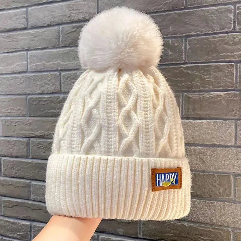 Winter Warm Fashion Beanies Knitted Hats For Women Girls Faux Fur Ball Wool Skullies Caps Embroidery Cold-Proof Fleece Lined Hat