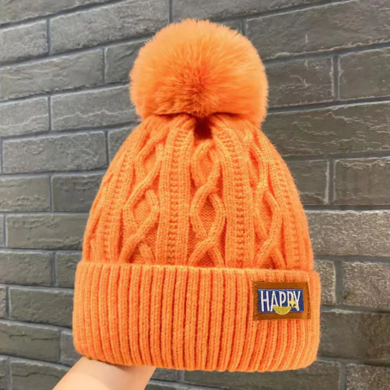 Winter Warm Fashion Beanies Knitted Hats For Women Girls Faux Fur Ball Wool Skullies Caps Embroidery Cold-Proof Fleece Lined Hat