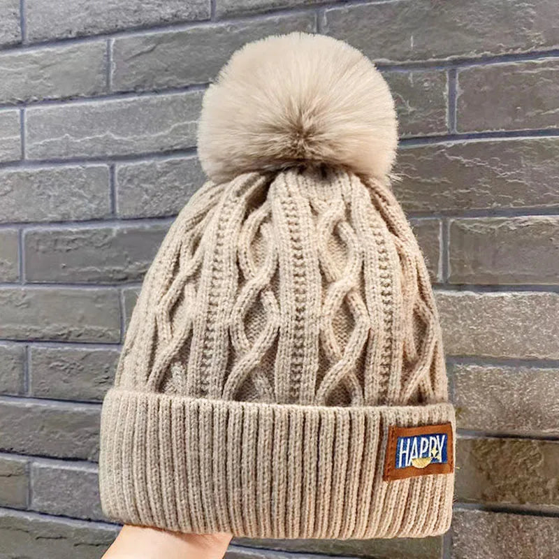 Winter Warm Fashion Beanies Knitted Hats For Women Girls Faux Fur Ball Wool Skullies Caps Embroidery Cold-Proof Fleece Lined Hat