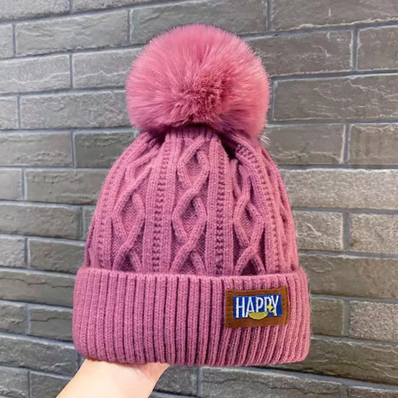 Winter Warm Fashion Beanies Knitted Hats For Women Girls Faux Fur Ball Wool Skullies Caps Embroidery Cold-Proof Fleece Lined Hat