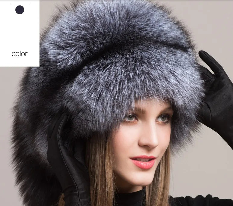 Women Fur Cap Real genuine natural Fox Fur Hats Headgear Russian Outdoor Girls  Beanies Cap ladies warm winter fashion cap hat