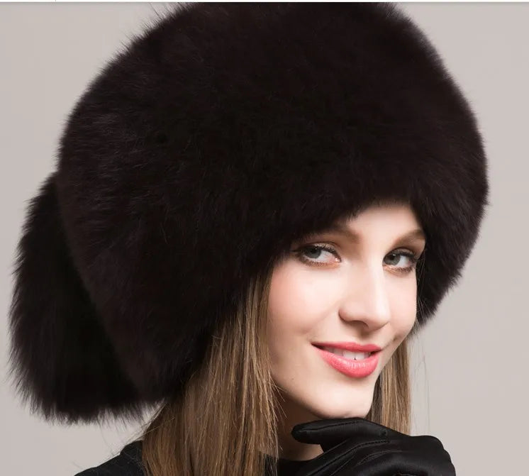 Women Fur Cap Real genuine natural Fox Fur Hats Headgear Russian Outdoor Girls  Beanies Cap ladies warm winter fashion cap hat