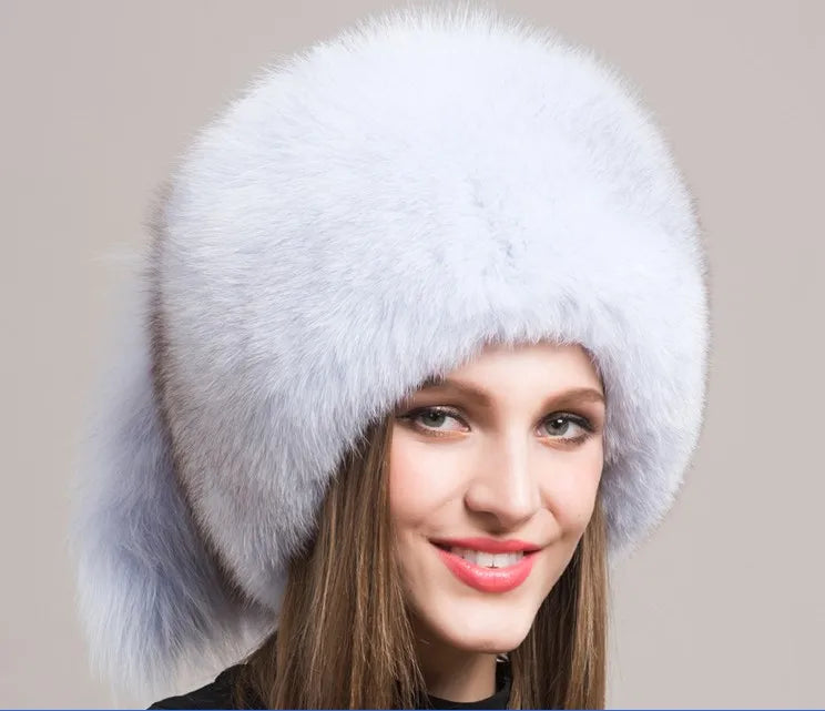 Women Fur Cap Real genuine natural Fox Fur Hats Headgear Russian Outdoor Girls  Beanies Cap ladies warm winter fashion cap hat