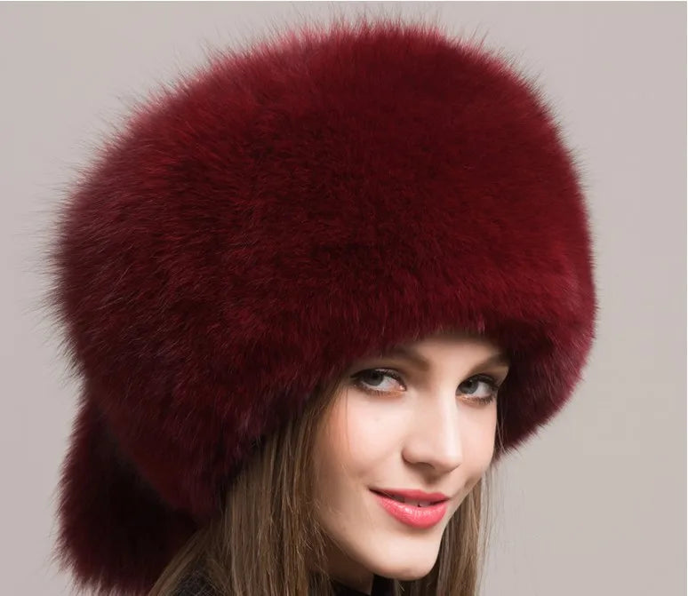 Women Fur Cap Real genuine natural Fox Fur Hats Headgear Russian Outdoor Girls  Beanies Cap ladies warm winter fashion cap hat