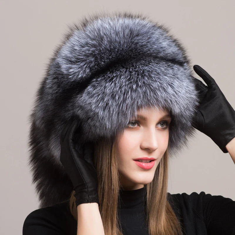 Women Fur Cap Real genuine natural Fox Fur Hats Headgear Russian Outdoor Girls  Beanies Cap ladies warm winter fashion cap hat