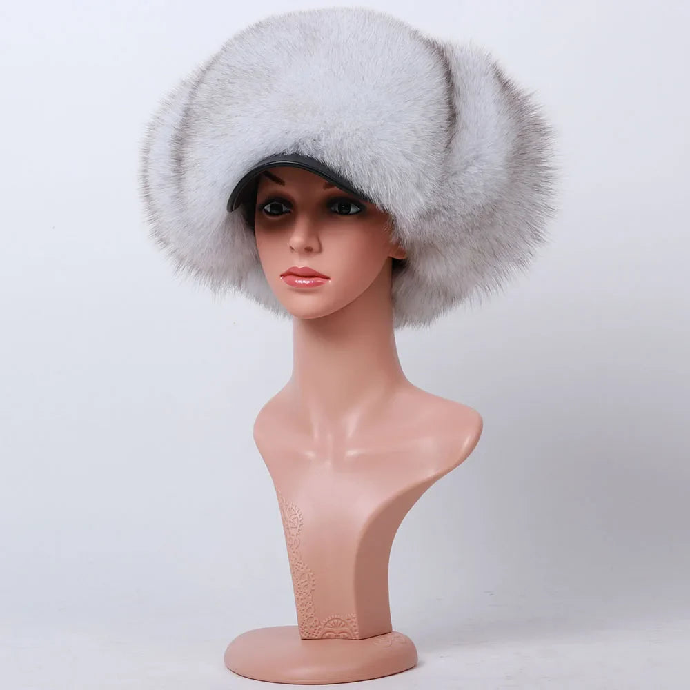 Natural Raccoon Fur Hat Women Black Fox Fur Russian Ushanka Hats Winter Warm Ears Bomber Cap