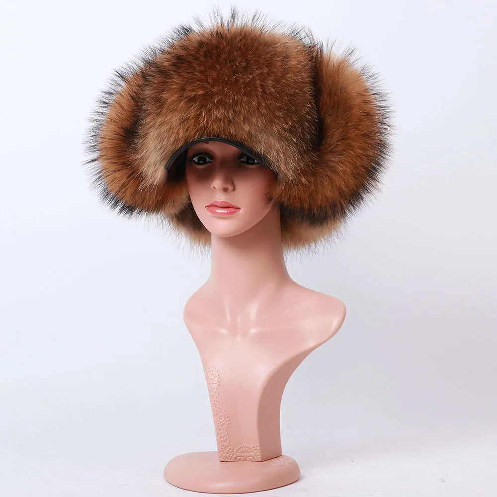 Natural Raccoon Fur Hat Women Black Fox Fur Russian Ushanka Hats Winter Warm Ears Bomber Cap