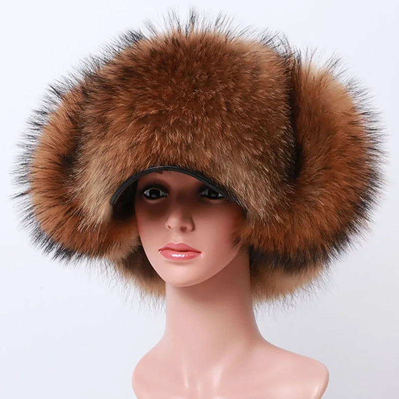 Natural Raccoon Fur Hat Women Black Fox Fur Russian Ushanka Hats Winter Warm Ears Bomber Cap