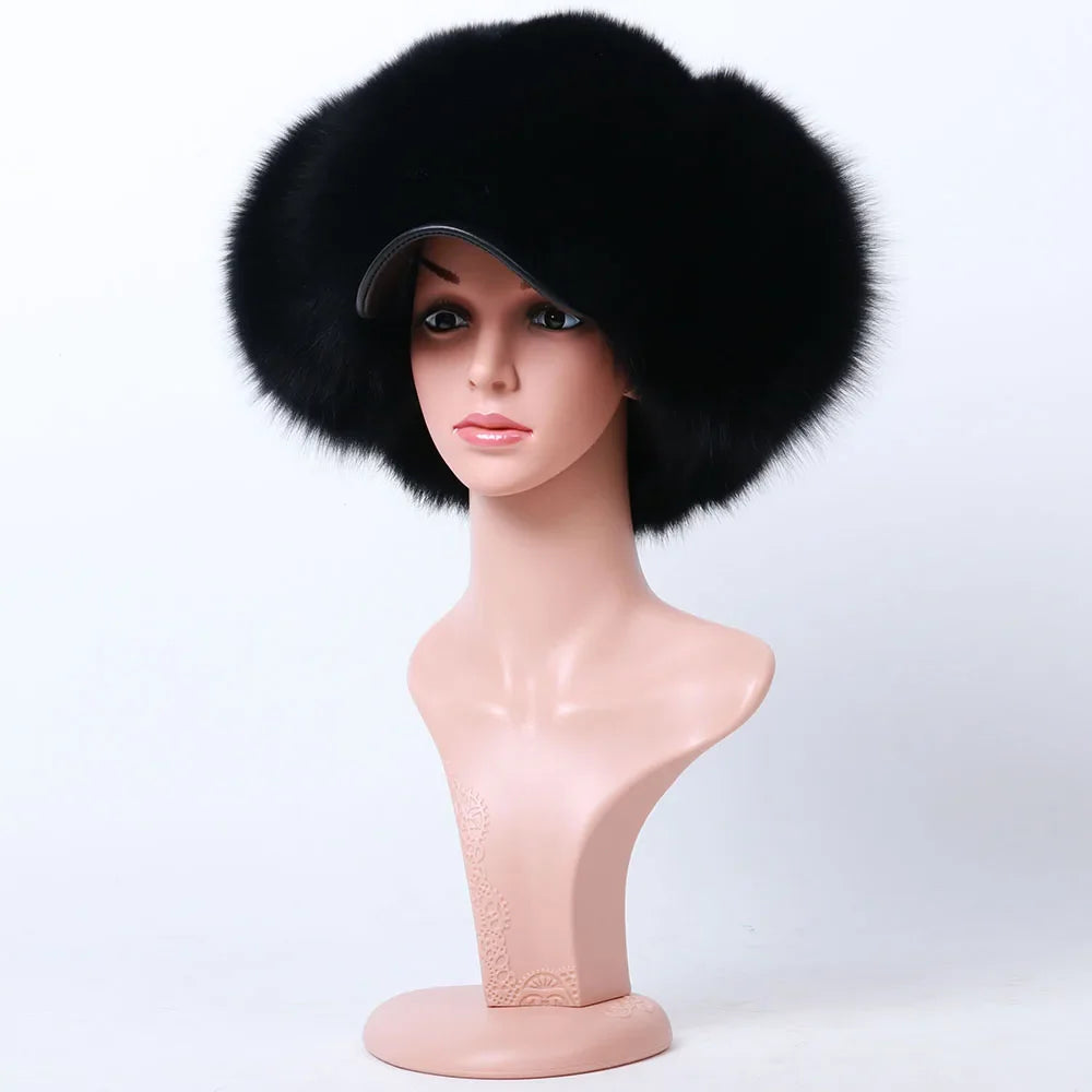 Natural Raccoon Fur Hat Women Black Fox Fur Russian Ushanka Hats Winter Warm Ears Bomber Cap